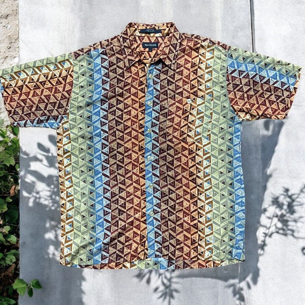Marc Edwards Vintage Geometric Multicolored Button Front Rayon Shirt Men's Large